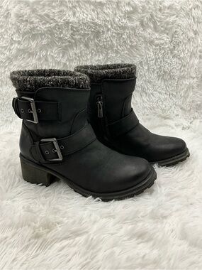 Roxy Scout Winter Boots Size 6 Black Faux-Fur Trim Buckle Moto Ankle Boots